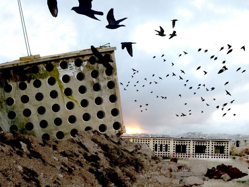 Sarah Pellegrini - Return to Nature, The Transformation of the Military Base of Oush Grab (The Crow's Nest), photomontage by Sara Pellegrini