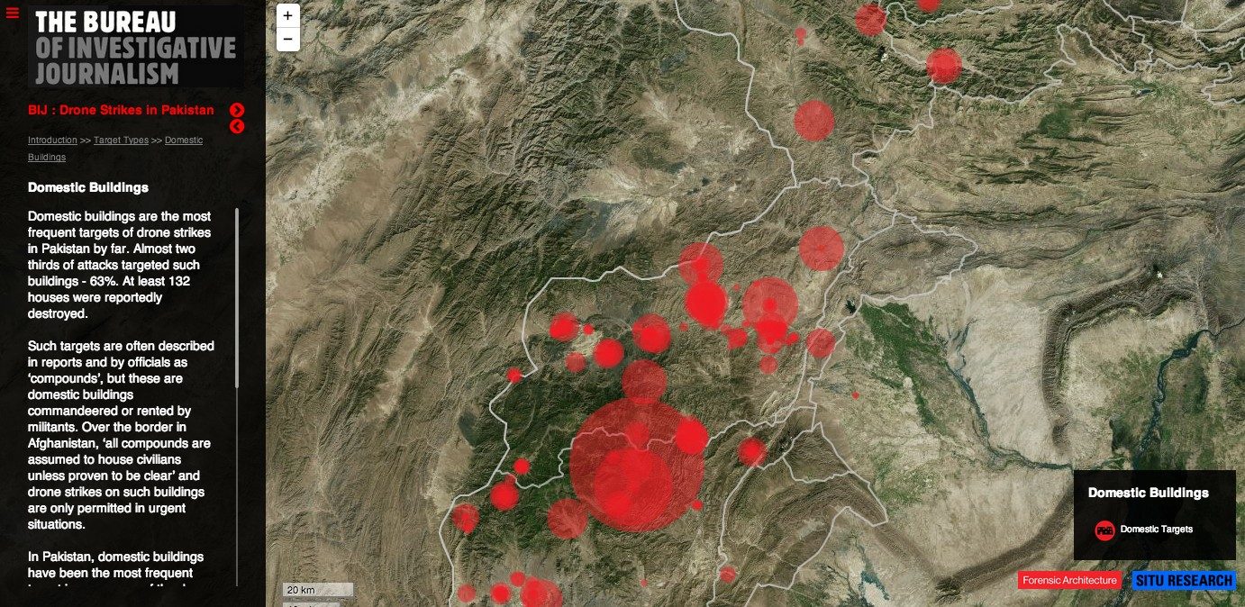 Drone strikes heat map – 3 - Map showing drone strikes on domestic buildings in Pakistan. (Bureau of Investigative Journalism)