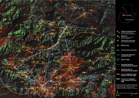 Aerial View - Composite map demonstrating how the pattern of massacres corresponds to transformations in the natural and built environments (Forensic Architecture/SITU Research)
