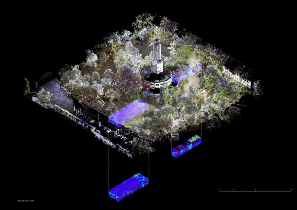Composite – GPR and laser scan (Tower) - Composite of the central tower from a 3D laser scan and GPR data, 2012 (Forensic Architecture, ScanLab and Caroline Sturdy Colls)