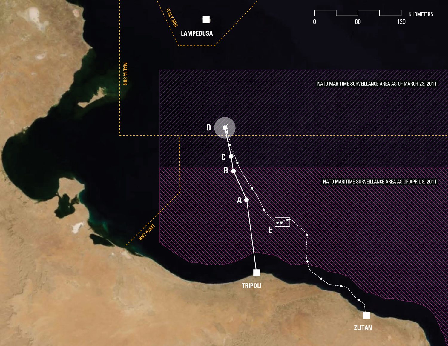 Maps – What happened - Points on the map refer to key events. (Forensic Oceanography, 2012)