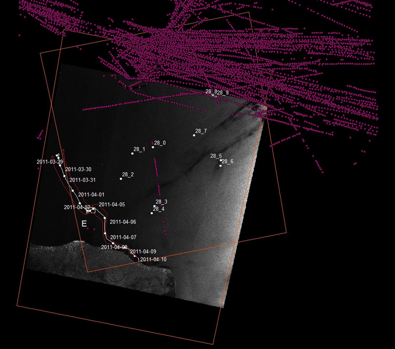 AIS data – 2 - A satellite image from 28 March 2011  with vessel detection (white) and AIS data overlaid (purple). (Forensic Oceanography, 2012)
