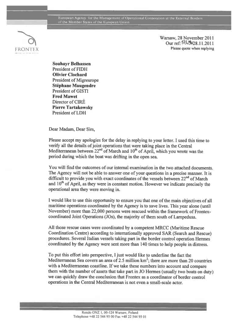 Letters – Frontex - A letter from Gil Arias, deputy executive director of FRONTEX, the European Union's border and coastguard agency, detailing the coordinates of the 'operational area' of its assets at the time of the incident.