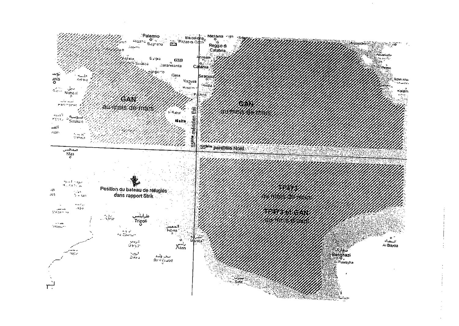 French Ministry of Defence - A map produced by the French Ministry of Defence on 23 October 2012 to demonstrate that French vessels could not have known of or intervened in the fate of the 'left to die' boat. A French reconnaissance aircraft photographed the vessel on 27 March 2011. (Ministère des Armées)