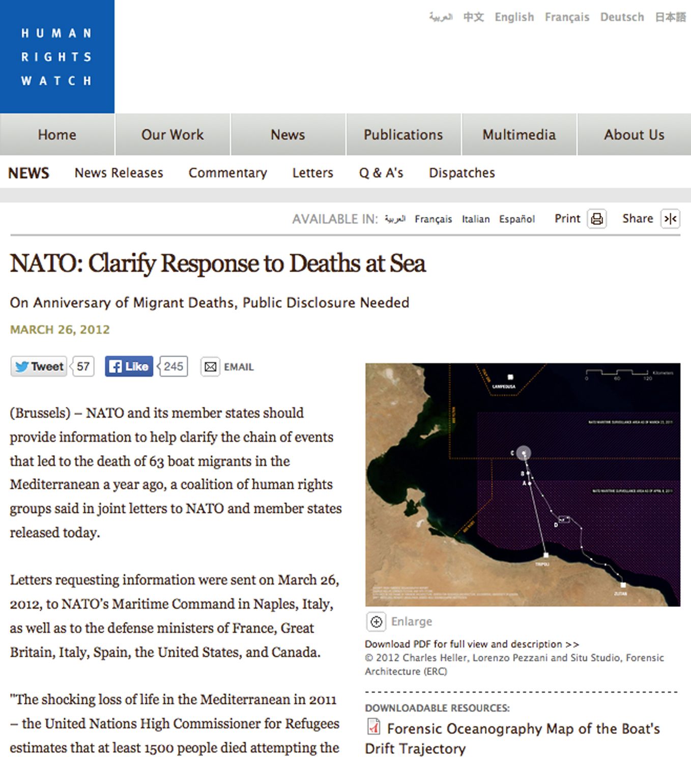Press Release – Human Rights Watch - Press release on the Human Rights Watch website relating to the case of the 'left-to-die' boat. (Human Rights Watch)