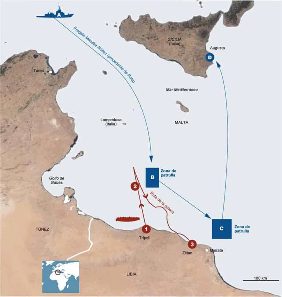 Maps – El Pais - A map produced from Forensic Oceanography's original for the online edition of El Pais, indicating the position of a Spanish warship in relation to the trajectory of the boat. (El Pais)