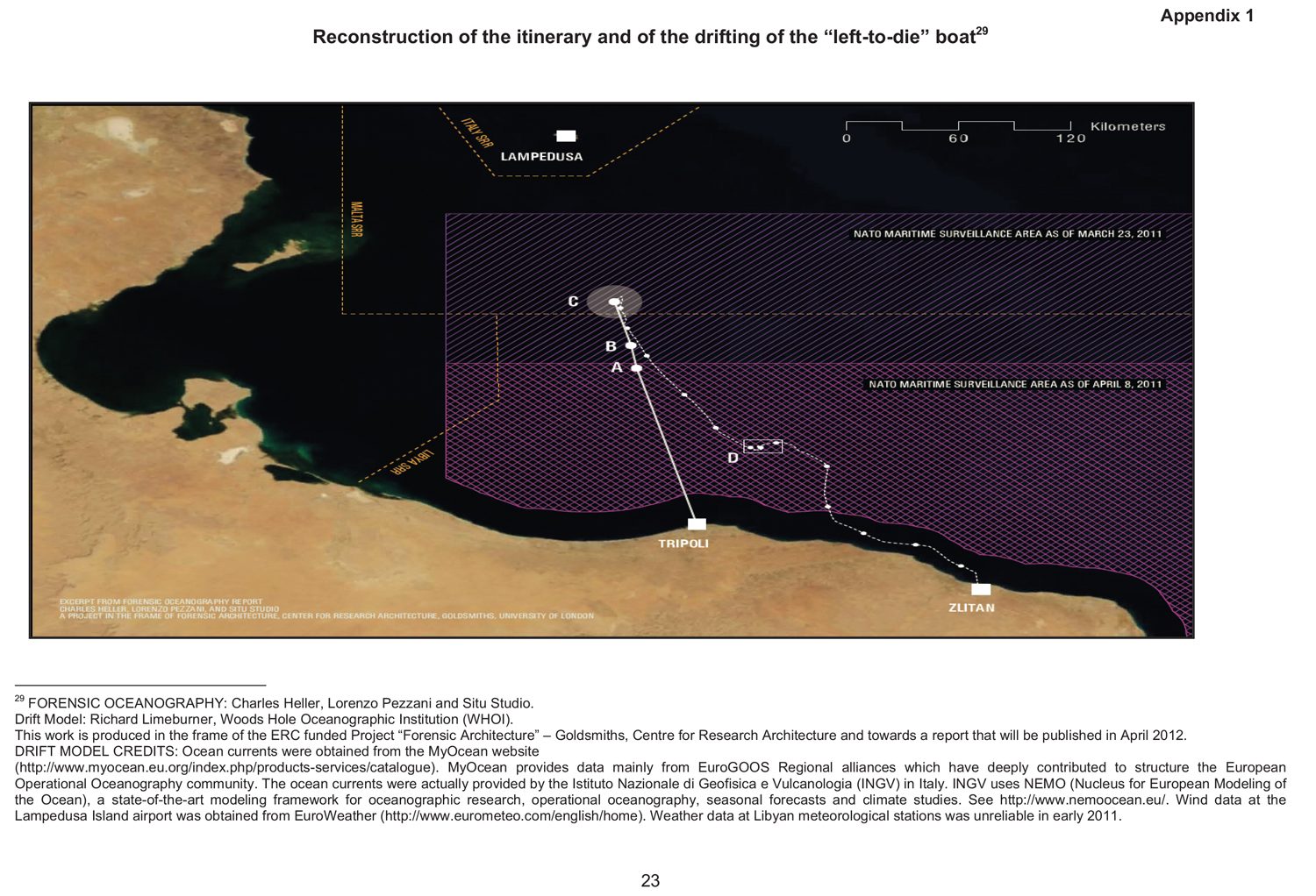 Council of Europe – Map - Forensic Oceanography map featured in appendix to a report by the Parliamentary Assembly of the Council of Europe: 'Lives lost in the Mediterranean Sea: who is responsible?' (Council of Europe and Forensic Oceanography, 2012)