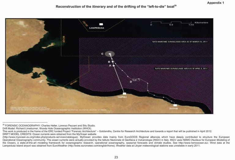 Maps – Council of Europe 2 - Forensic Oceanography map as appendix to a report by the Parliamentary Assembly of the Council of Europe: 'Lives lost in the Mediterranean Sea: who is responsible?' (Council of Europe)