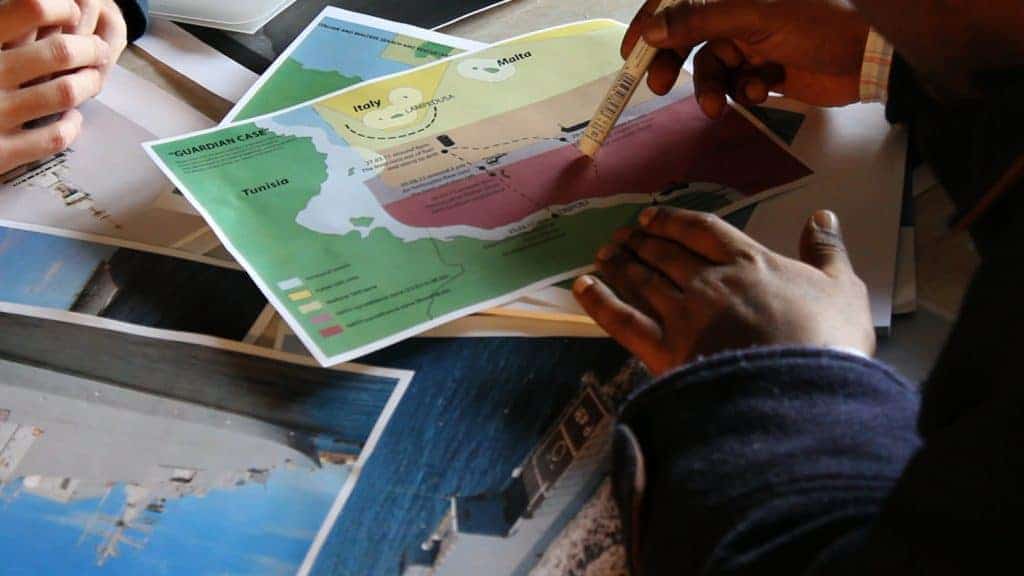 Maps – Interview - Dan Haile Gebre, a survivor from the boat, sketches details of his story in an interview with Forensic Oceanography's Lorenzo Pezzani. (Forensic Oceanography)