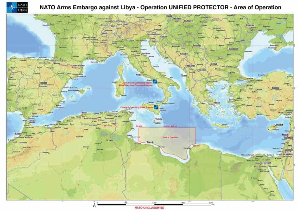 Map of the NATO Maritime Surveillance Area - The NATO Maritime Surveillance Area (MSA) between 23 March and 8 April 2011 within the framework of the arms embargo off the coast of Libya. (NATO)