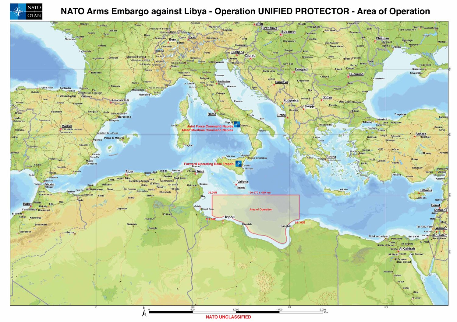 NATO Maritime Surveillance Area - The NATO Maritime Surveillance Area (MSA) between 23 March–8 April 2011 within the framework of the arms embargo off the coast of Libya. (NATO)