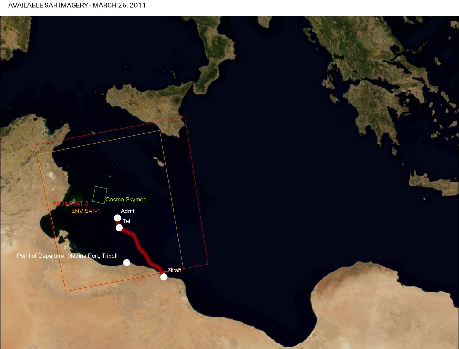 Satellite image composite - The report included a survey of all available radar data within the Strait of Sicily for the period, from iTerraSAR-X, PALSAR, COSMO-SkyMed, Radarsat-1, Radarsat-2, and Envisat-1. (Forensic Oceanography, 2012)