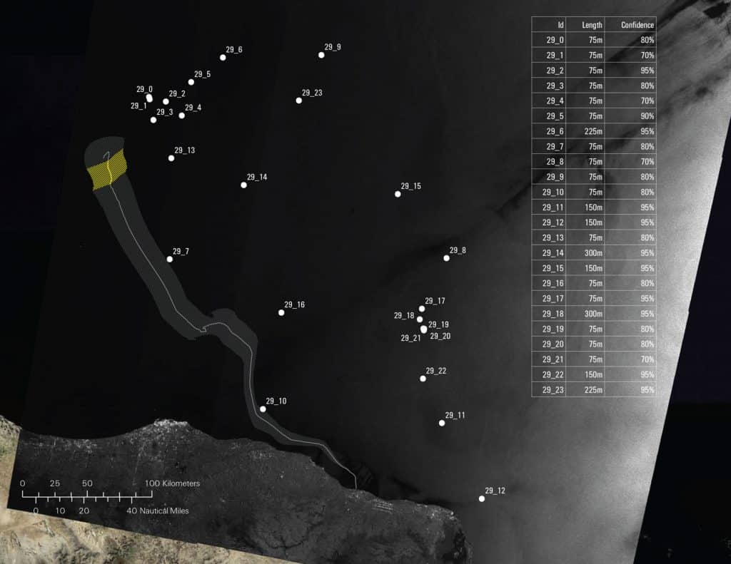 Envisat-1 data – 5 - Envisat-1 data for 29 March 2011 with a corresponding table of returns documenting the estimated length of vessel and degree of confidence that the data is correct. (Forensic Oceanography and Lawrence Fox III)