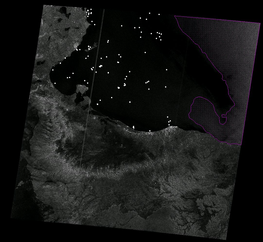 Radarsat-1 data - Radarsat-1 data from 4 April 2011. White indicates 'returns', which indicates the location of vessels. The dotted area on the eastern side contains too much 'background noise' to detect vessels. (Forensic Oceanography and Rossana Padeletti, 2012)