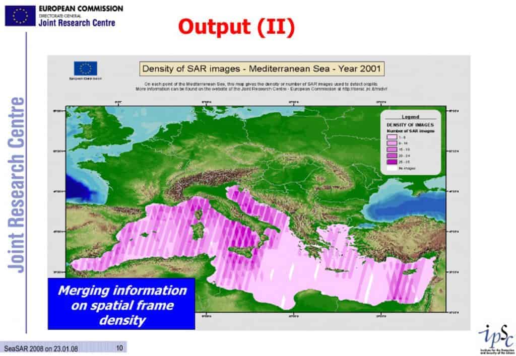 Radar Density Map - Map produced by the European Commission's Joint Research Center, showing the density of SAR images in the Mediterranean Basin. (European Commission)