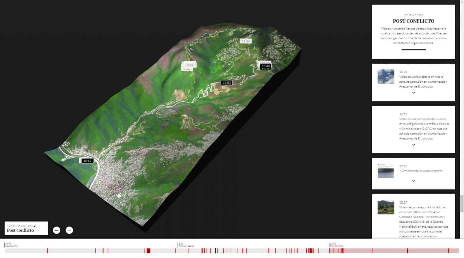 Platform – 1 - The El Junquito Platform allows users to explore the available evidence relating to the deaths of Pérez and others. (Forensic Architecture)