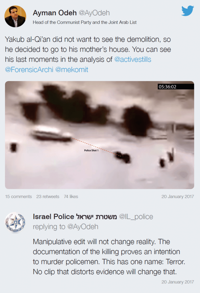 Umm al Hiran – Twitter – 2 - When Arab MP Aymen Odeh shares Forensic Architecture's video, Israel's police are quick to respond, denigrating our work. (Forensic Architecture, via Twitter)