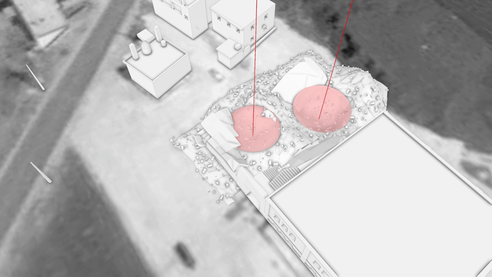 Model – 1 – missile strikes - Two pink circles indicate two large craters in the north part of the building, consistent with two 500lb bombs. (Forensic Architecture)