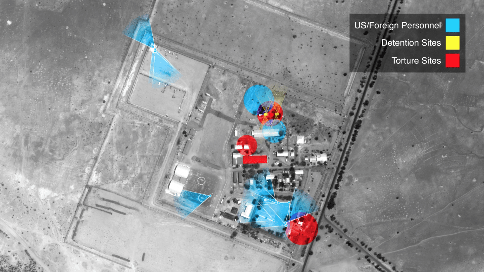 Satellite image – 2 - A map of Salak, a regional military headquarters, where detainees are held illegally in inhumane conditions and tortured routinely. This map shows the proximity of US personnel to the locations where torture and detention occur. (Forensic Architecture)