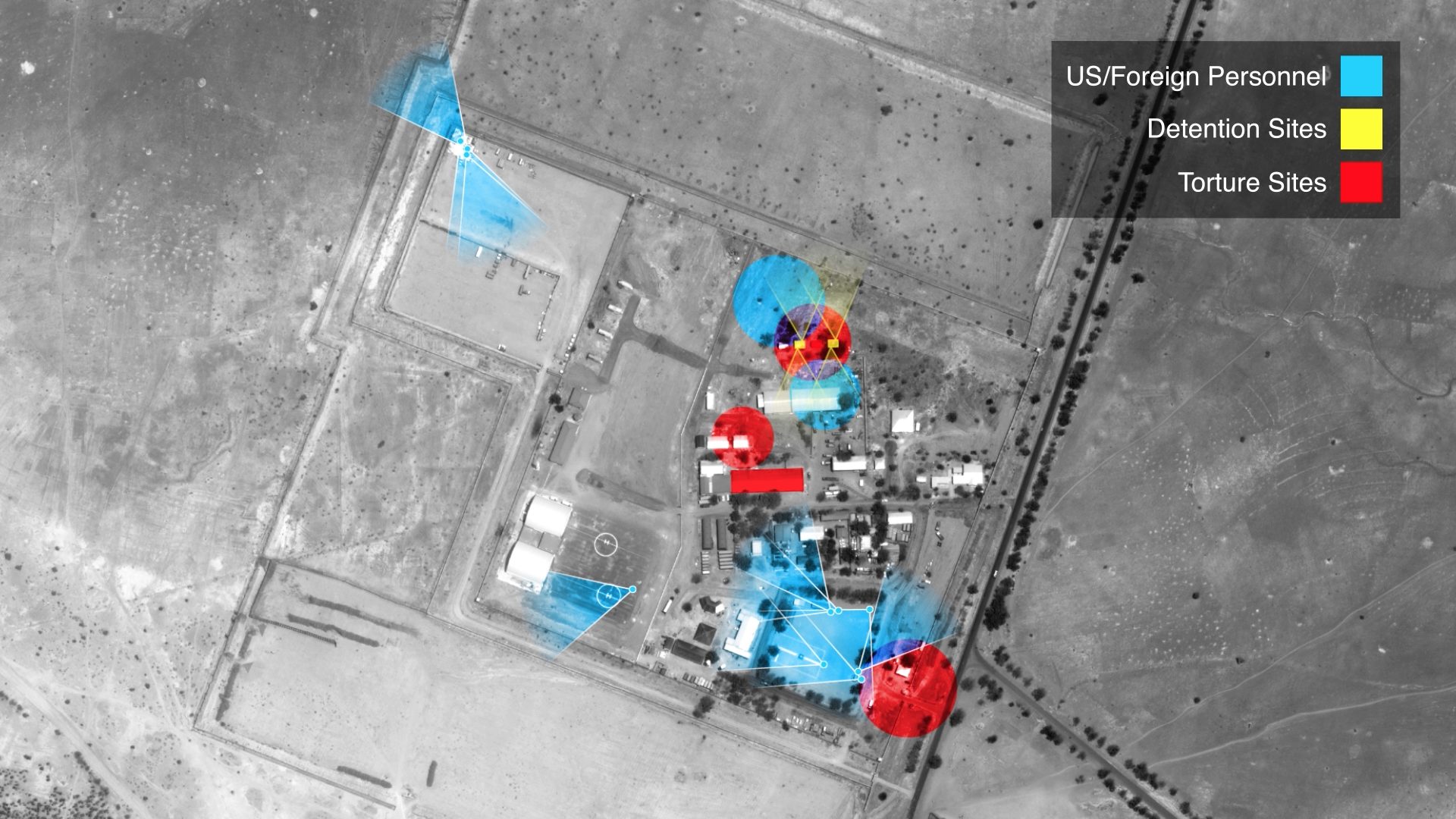 Satellite image – 2 - A map of Salak, a regional military headquarters, where detainees are held illegally in inhumane conditions and tortured routinely. This map shows the proximity of US personnel to the locations where torture and detention occur. (Forensic Architecture)