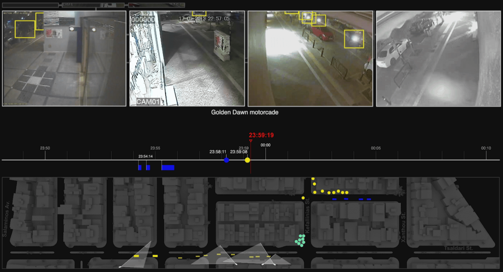 CCTV Analysis – 1 - Footage from multiple CCTV cameras in the vicinity of the scene of the murder is synchronised, and the movement of people and vehicles between one frame and another is plotted within a 3D model. (Forensic Architecture)