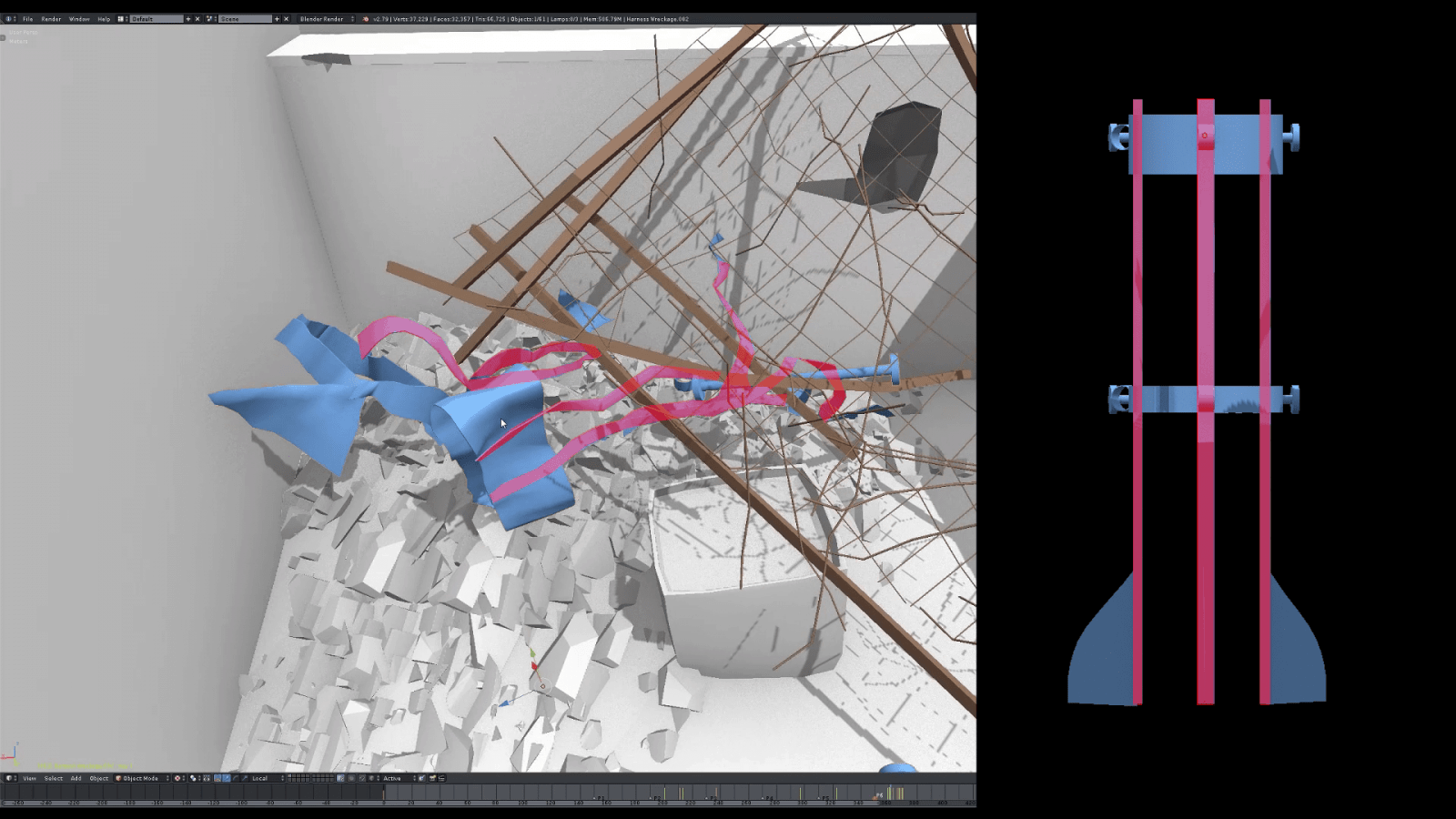 Site 1 – Harness - On the left, the damaged remains of the metal harness used to transport the canister are highlighted within our model. On the right, those elements are re-composed to show the original shape of the harness. (Forensic Architecture)