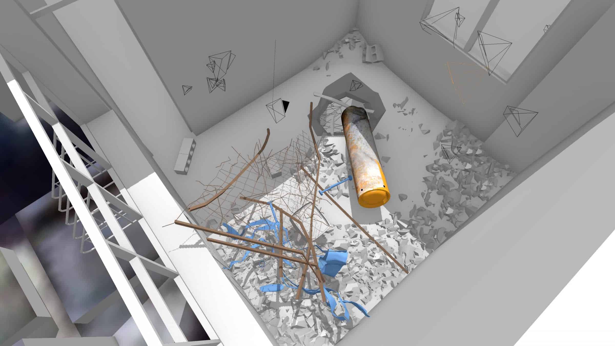 Site 1 – Model - The site of the first chlorine gas attack is rendered as an architectural 3D model. From here, we can accurately assess measurements, impact damage and other material evidence. (Forensic Architecture)