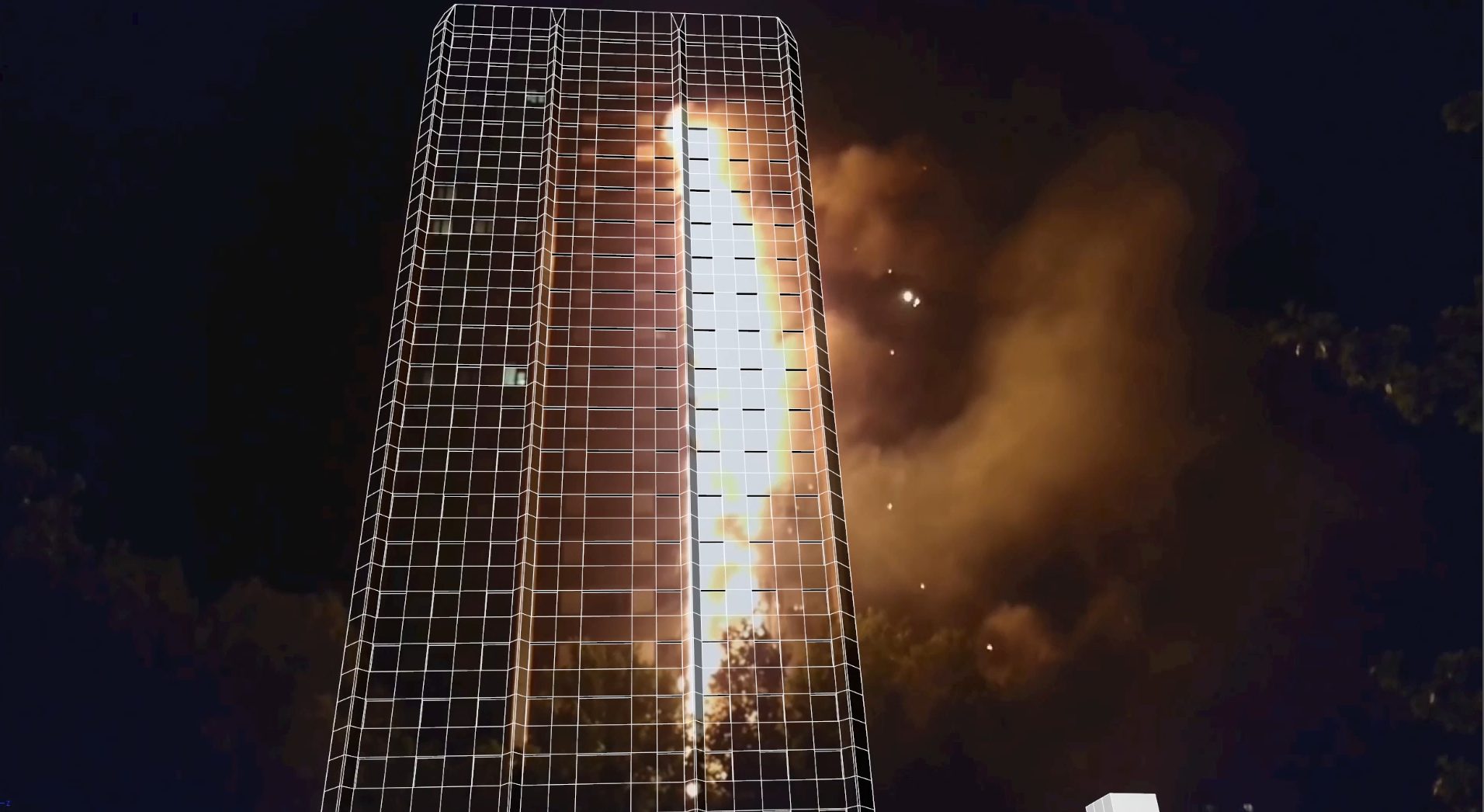 Projection Mapping – 1 - Video footage of the fire is 'motion tracked', and mapped onto a wire-frame model of Grenfell Tower. (Forensic Architecture)
