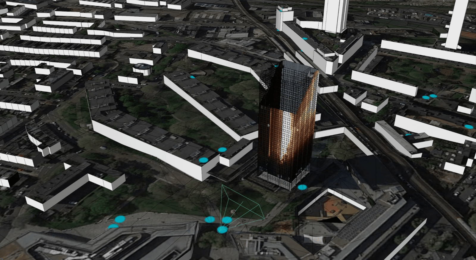 Projection Mapping – 2 - Stabilised and 'motion tracked' video footage is projected back onto to model of the Tower. The green frame indicates the location of the camera. (Forensic Architecture)