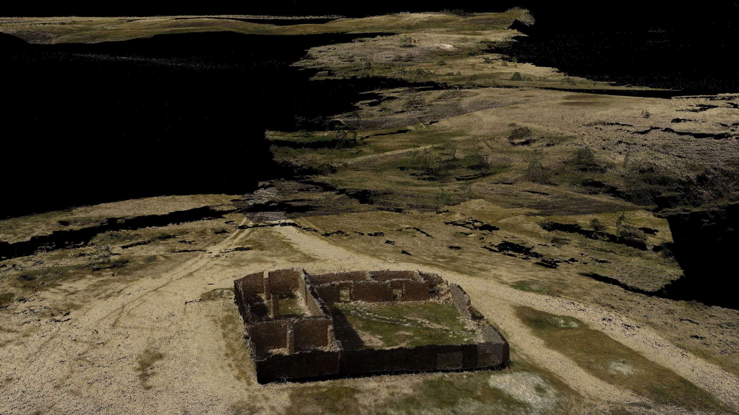 Point cloud - View of point-cloud terrain of al­-Araqib looking at the Bedouin stonehouse of Al Malahi Salman (Abu Zayd), built in the early 20th century. (Forensic Architecture, 2016)