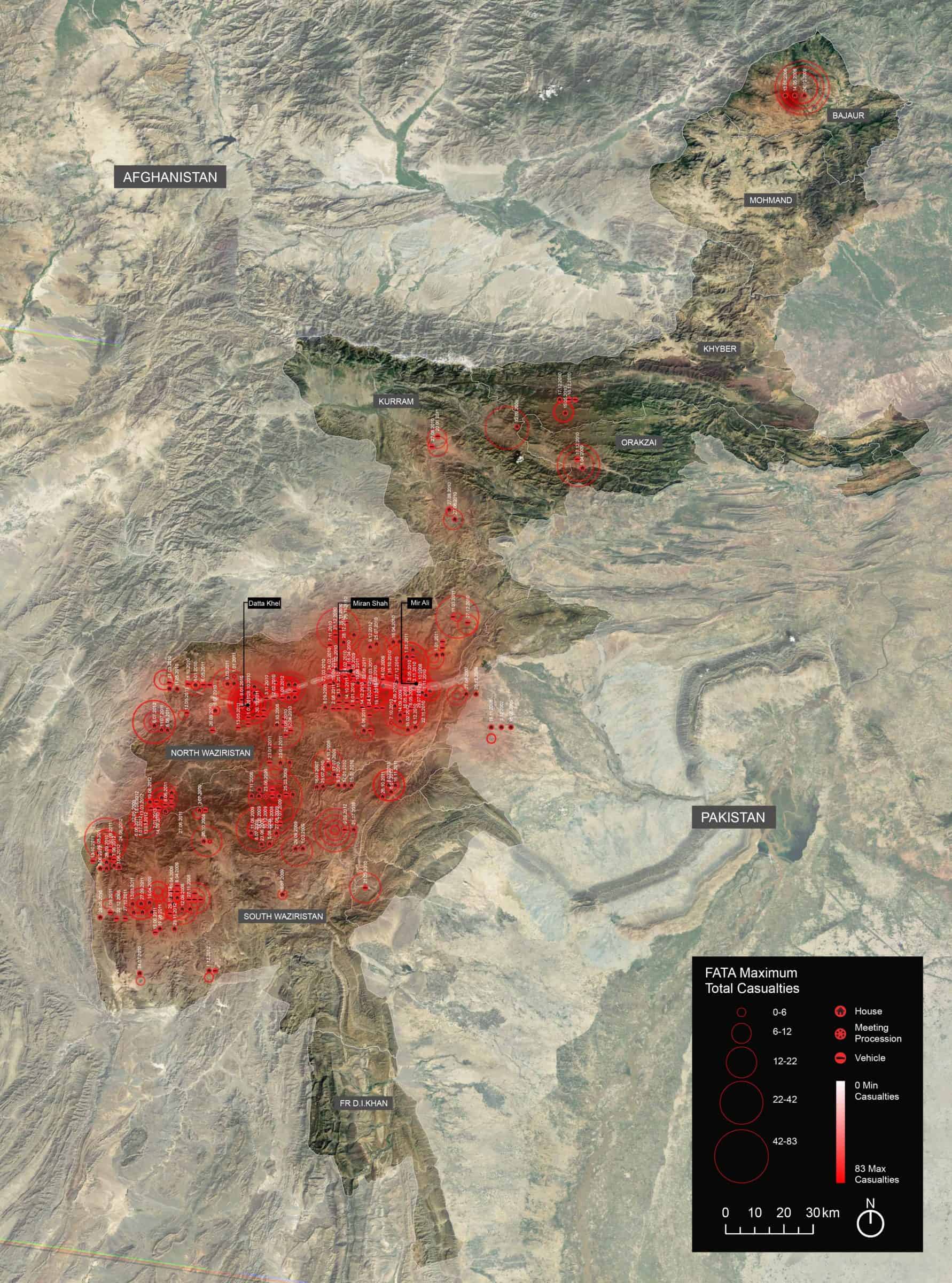 Drone strikes heat map – 1 - Casualty heat map of drone strikes in FATA, Pakistan, 2004–2014 (Forensic Architecture and SITU Research)
