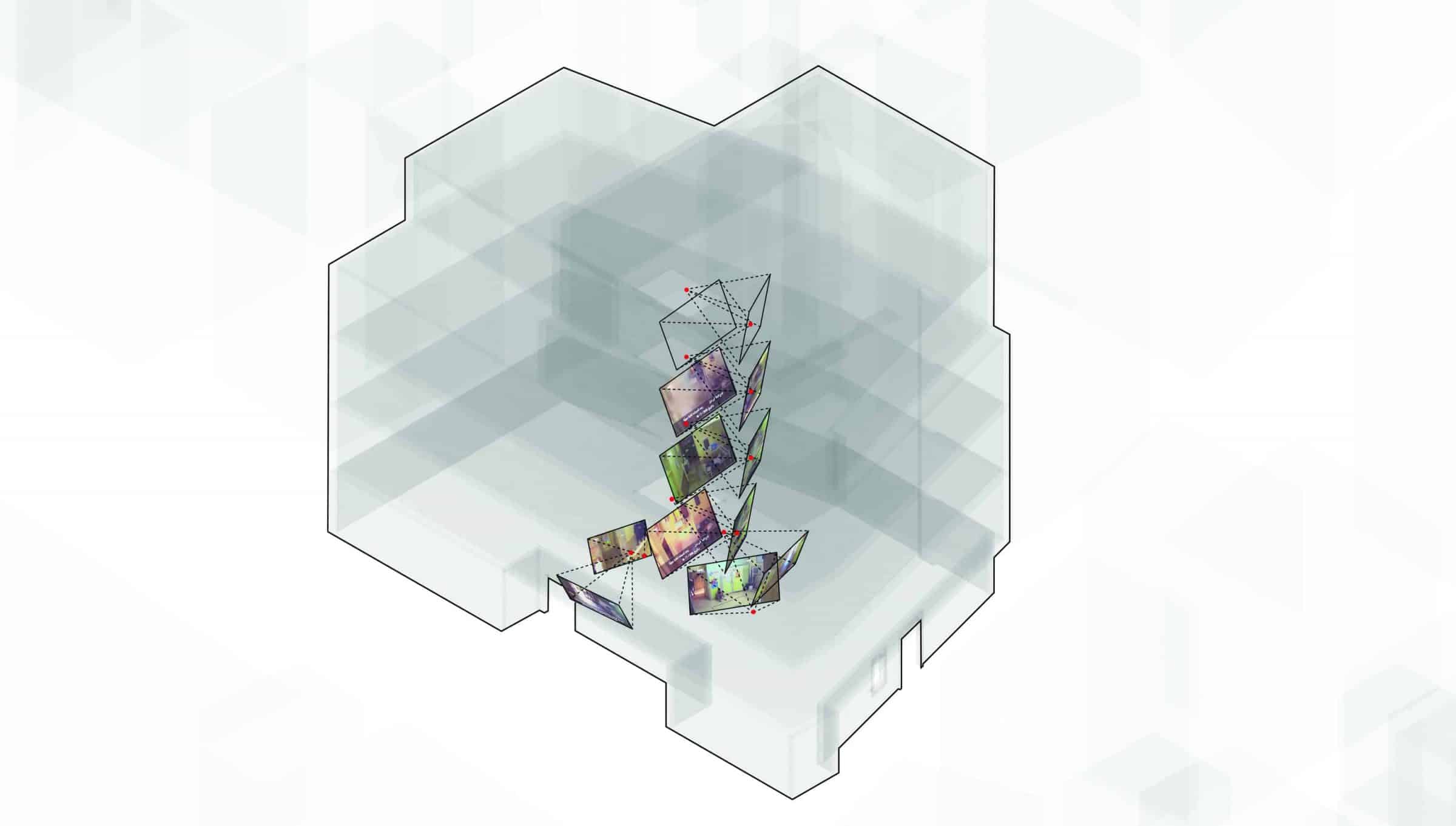 Model – 2 - Forensic Architecture located each camera within the building in order to integrate footage from the CCTV cameras, handheld videos, and photographs within virtual space. (Forensic Architecture)