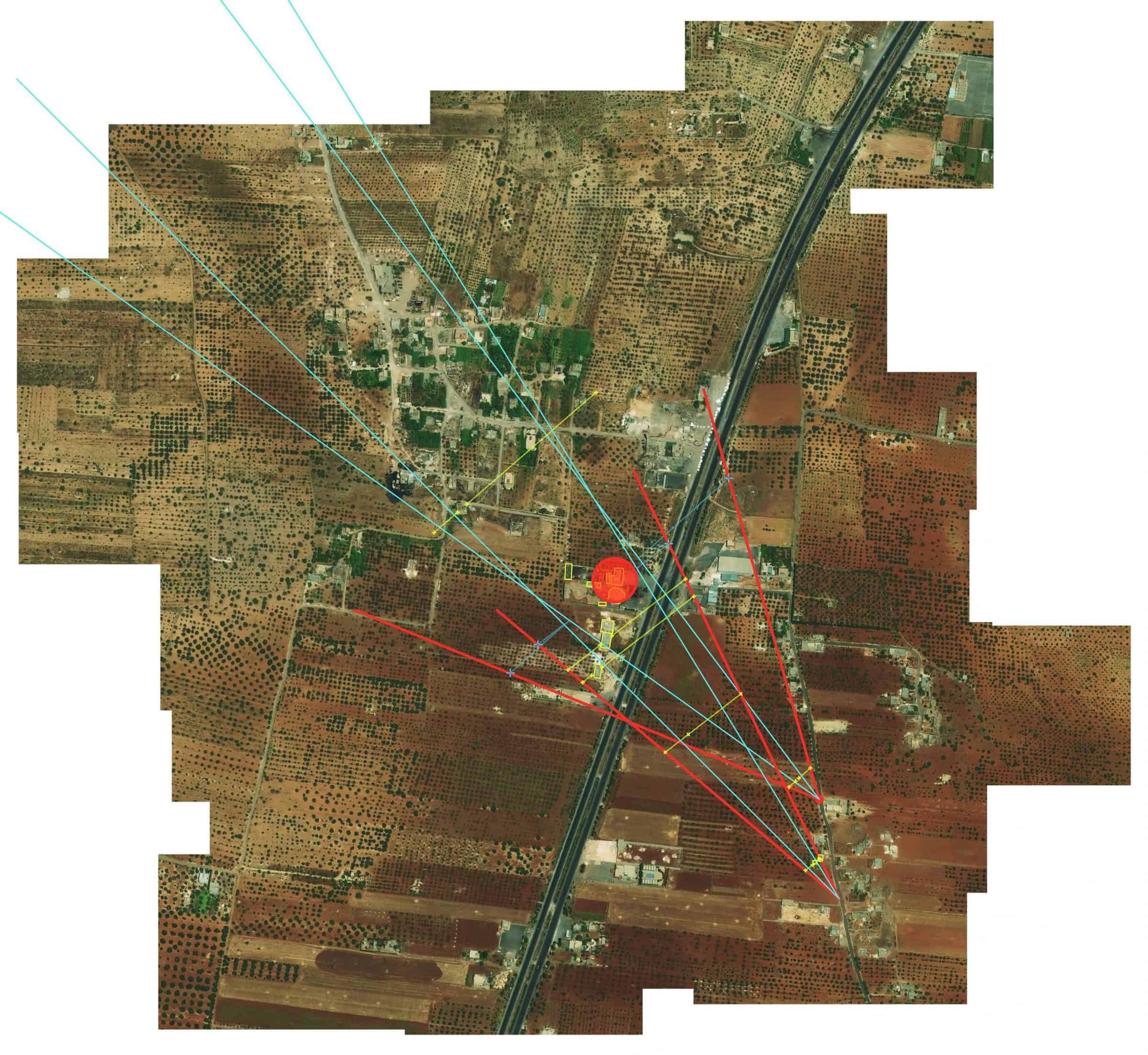 al-Hamidiah – 1 - A composite of multiple satellite images above al-Hamidiah, Syria, showing camera positions and lines of sight. (Forensic Architecture)
