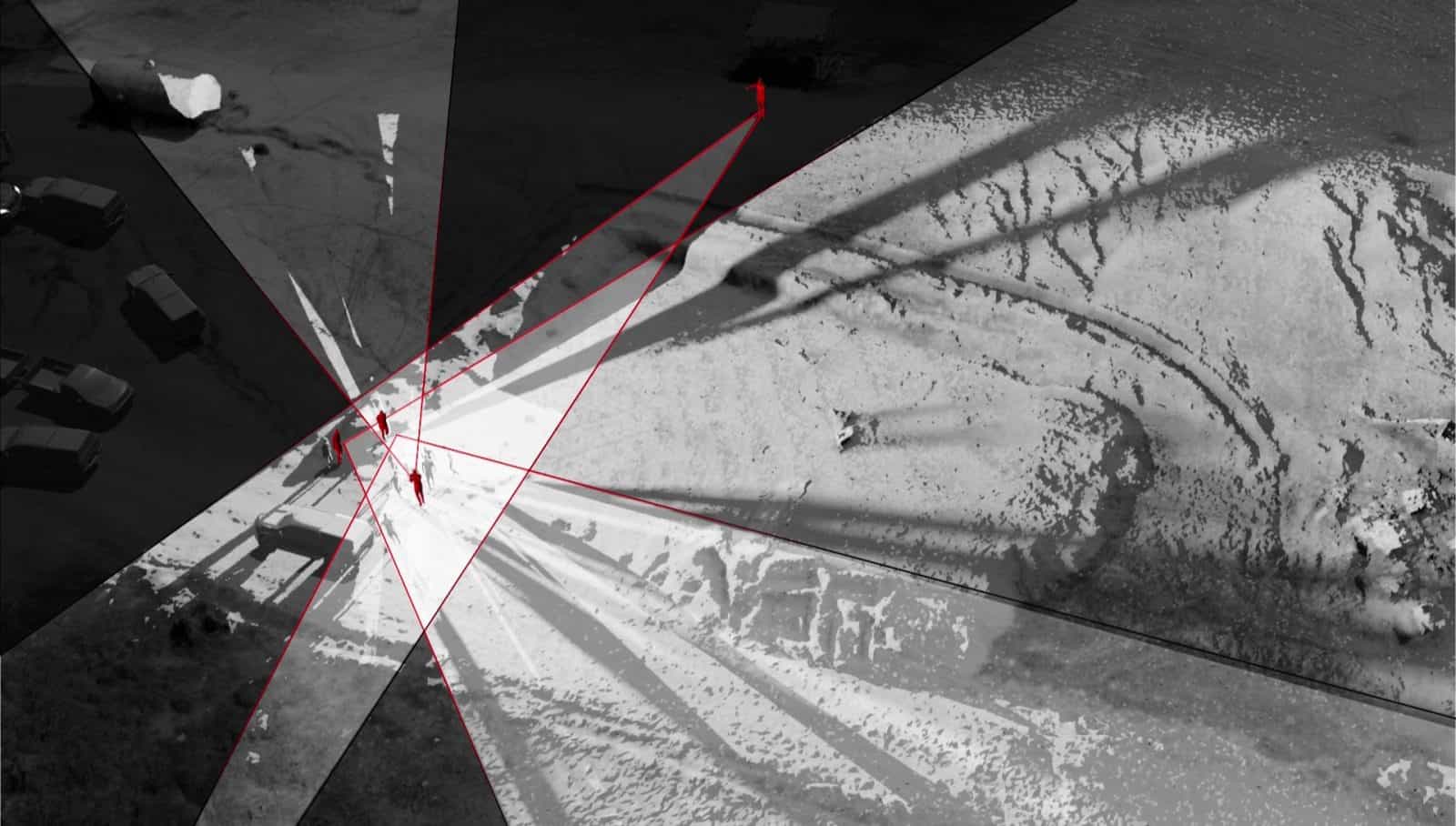 Model – 1 – Cones of vision - Highlighted ‘cones of vision’ indicate what is visible in the footage made available to PCATI and Forensic
Architecture—and what is not. (Forensic Architecture)