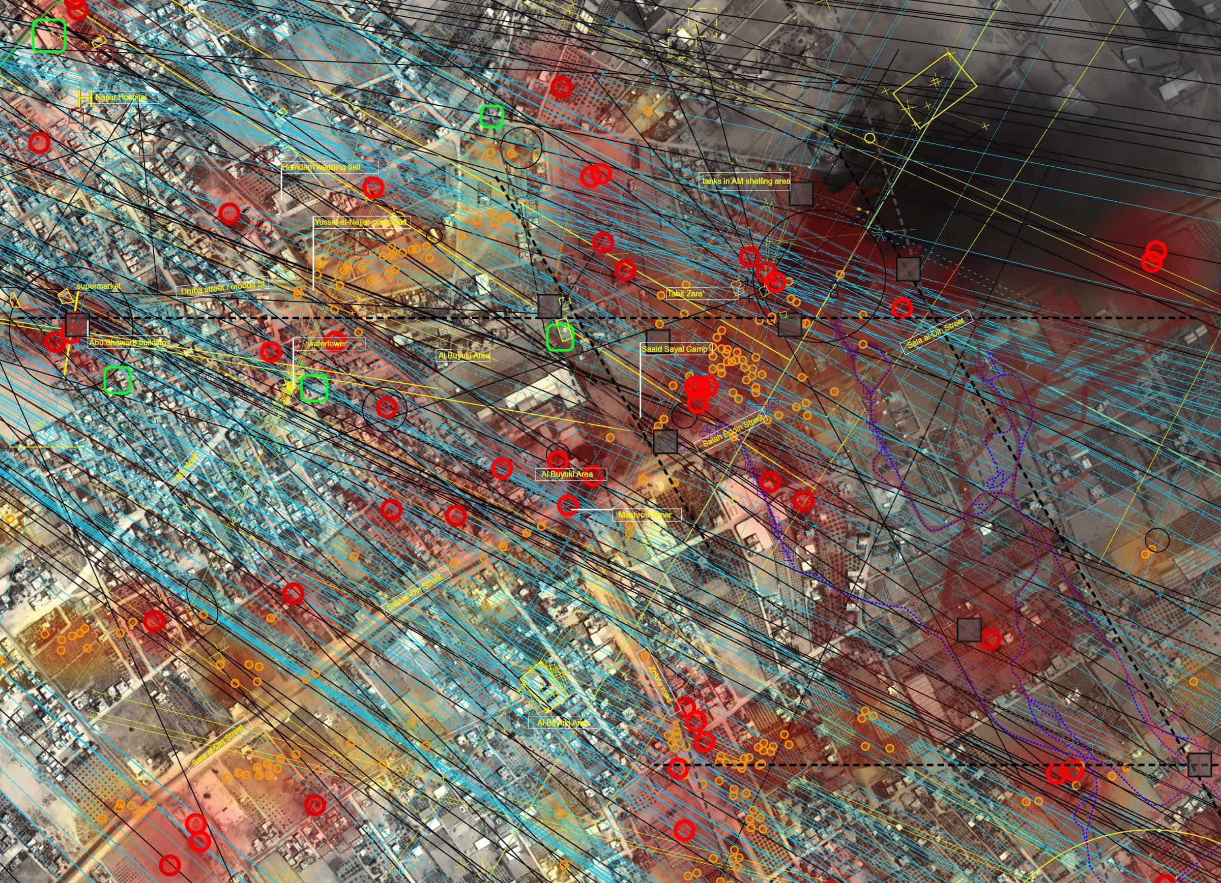 Collected Analysis - The master drawing of the Rafah investigation includes: viewpoints and plume measurements from every photograph and video sourced; craters from airdropped bombs and artillery as observed on the satellite images; tank paths and armoured vehicles on the move; reference points; location of possible tunnels; as well as testimony mappings. The base image is a Pléiades satellite photograph of eastern Rafah, taken on 1 August, 2014, 11:39am. (Forensic Architecture, 2015)
