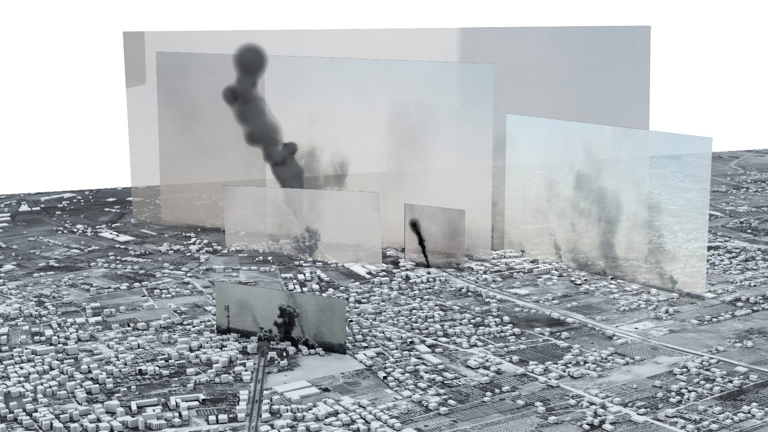 Image complex – 1 - Multiple images and reconstructed bomb clouds are situated within a 3D model of Rafah, Gaza. (Forensic Architecture, 2015)