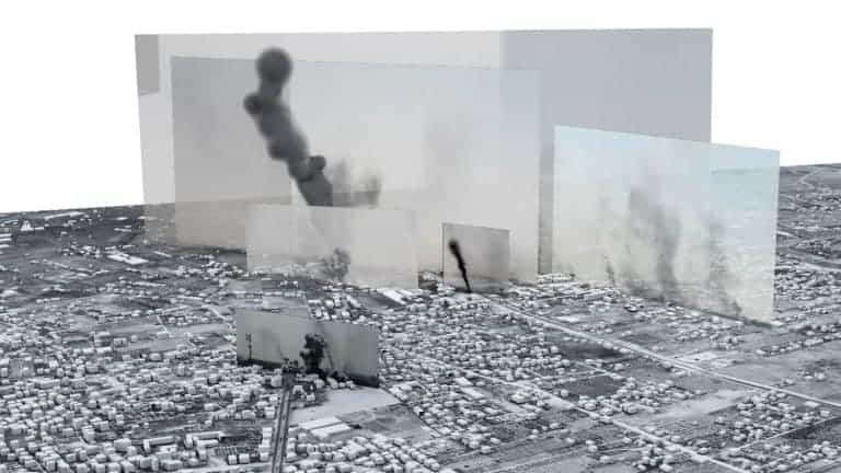Image Complex – 1 - Multiple images and reconstructed bomb clouds are arranged within a 3D model of Rafah, Gaza. (Forensic Architecture)