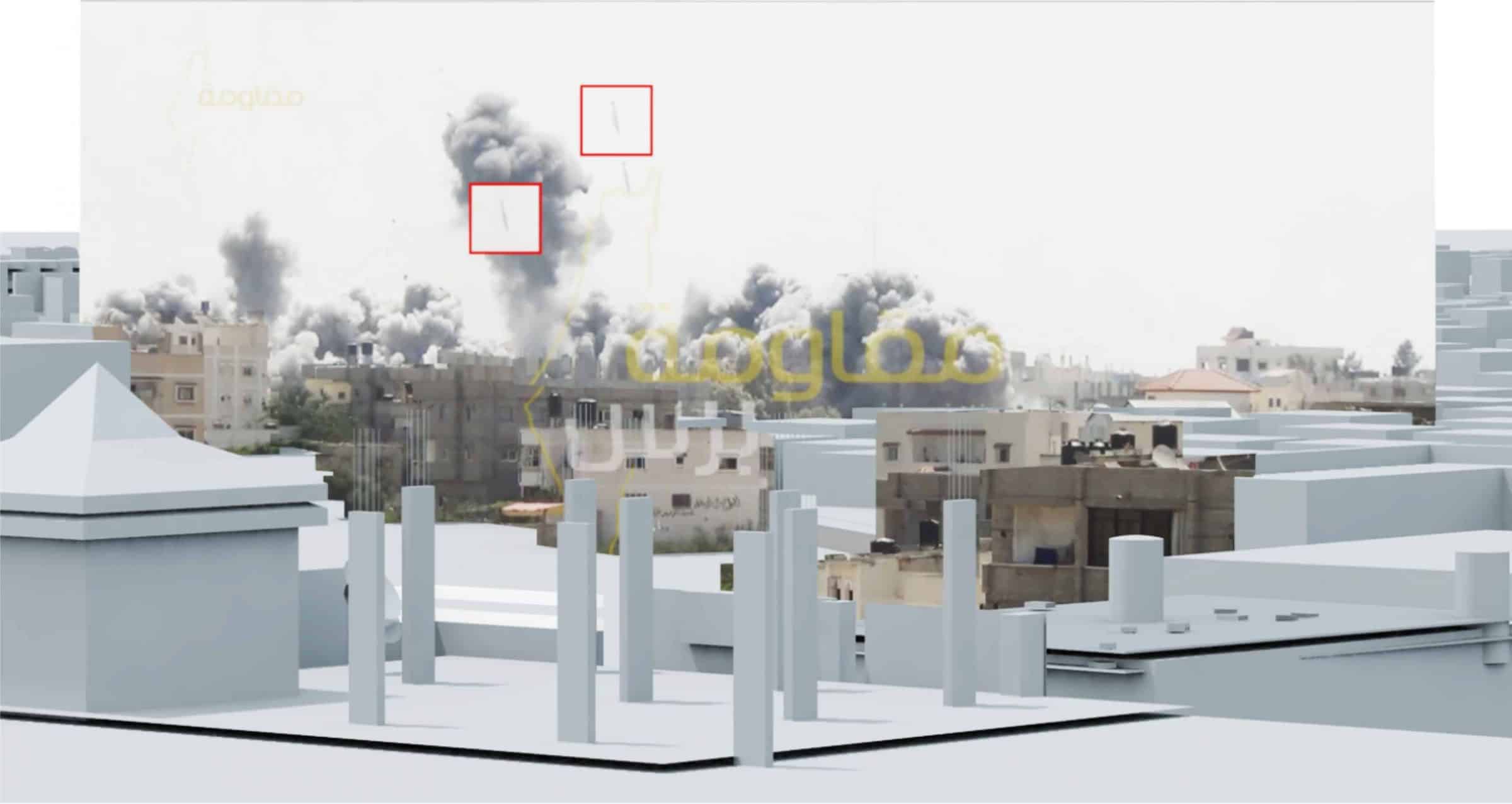 Al Tannur – Missile stills - Video still showing two bombs in mid­air fractions of a second before impact in the Al Tannur neighbourhood in Rafah, Gaza. (Forensic Architecture)