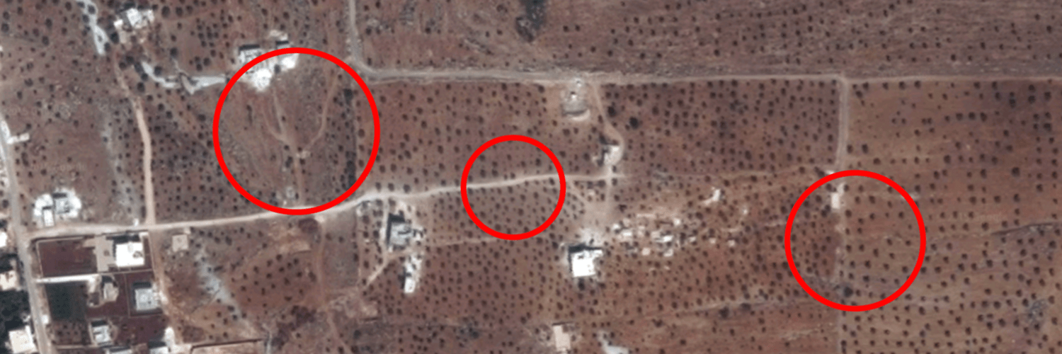 Satellite image of area near Atimah, Syria, marked with locations of three strikes. (Forensic Architecture)