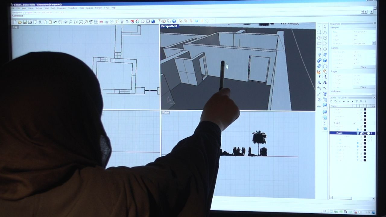 Situated Testimony - The witness to the Mir Ali drone strike directs the digital reconstruction of her home. (Forensic Architecture, 2013)