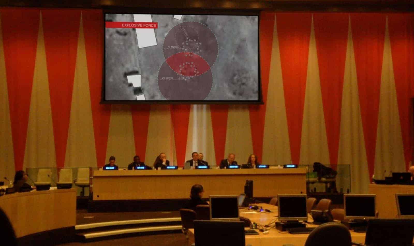 Datta Khel – UN Assembly - Forensic Architecture's investigation into the Datta Khel strike is presented by Ben Emmerson, UN Special Rapporteur on Counter Terrorism and Human Rights, as part of his interim report to the UN General Assembly in New York on October 25, 2013. (Forensic Architecture)