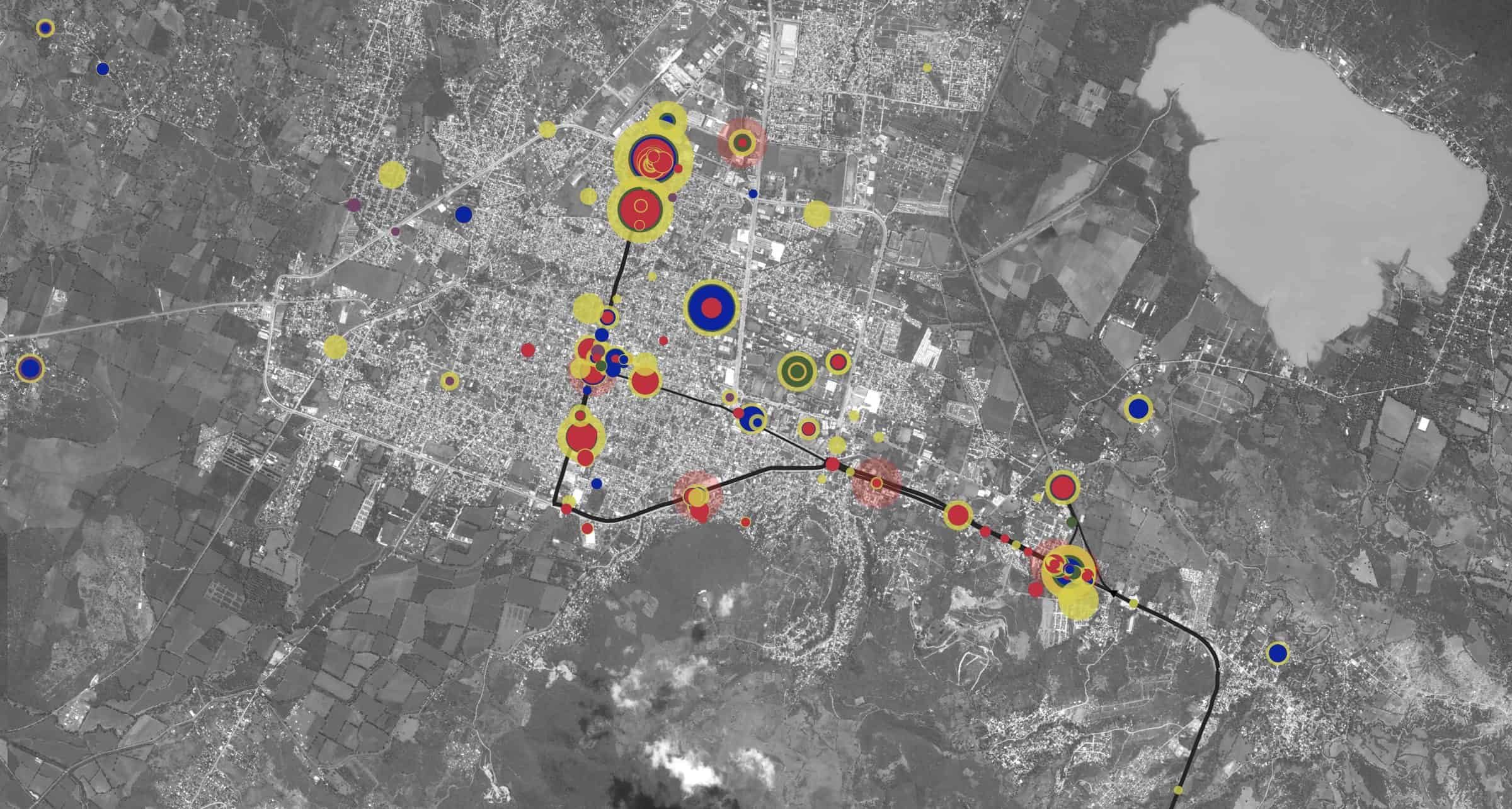 Iguala – Satellite image - The Ayotzinapa Platform explores the relationship between thousands of events from the night of the disappearances. Different types of events and actors are marked with different colours. (Forensic Architecture)