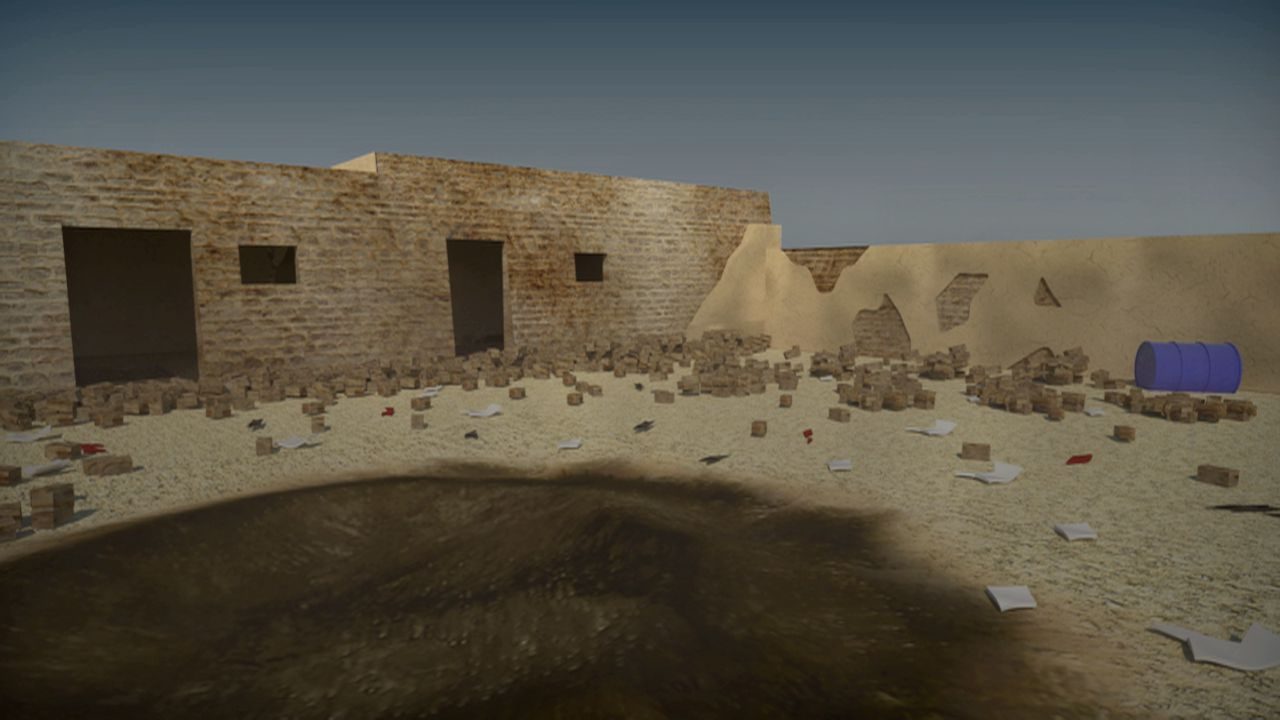 Reconstruction - A rendered scene from within the digital reconstruction of the witness' home. (Forensic Architecture, 2013)