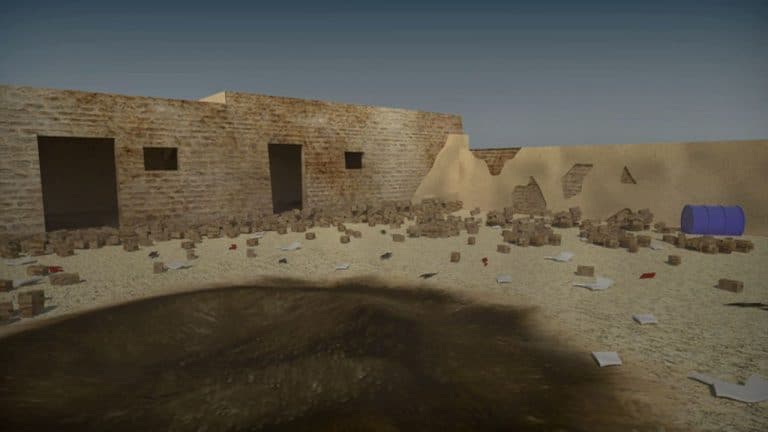 Situated Testimony – rendered reconstruction - A rendered scene from within the digital reconstruction of the witness' home. (Forensic Architecture)