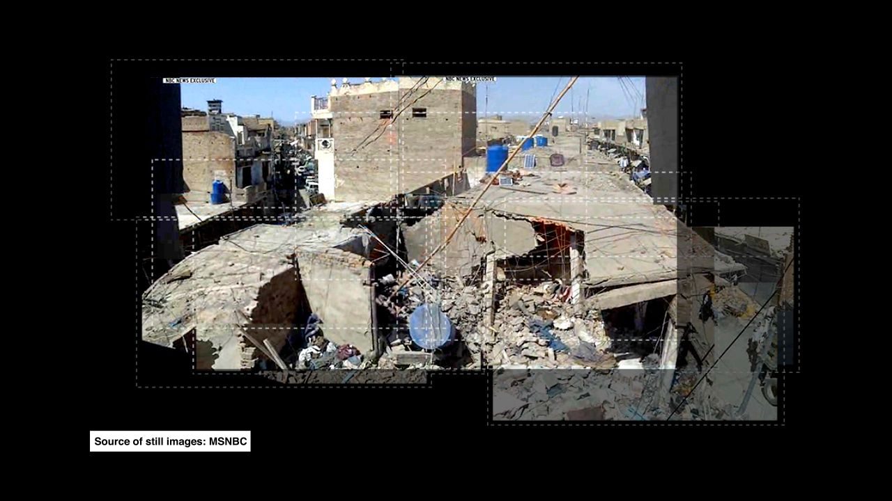  - A composite image of the view from the window, part of the video's first sequence. External image source: MSNBC (Forensic Architecture, 2014)