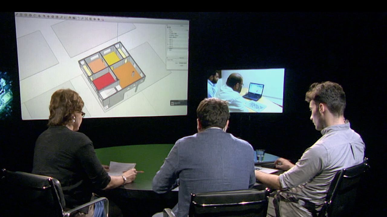 Salha family – video link interview - Researchers speak with the Salha family via video link, in the London offices of Al Jazeera. (Forensic Architecture)