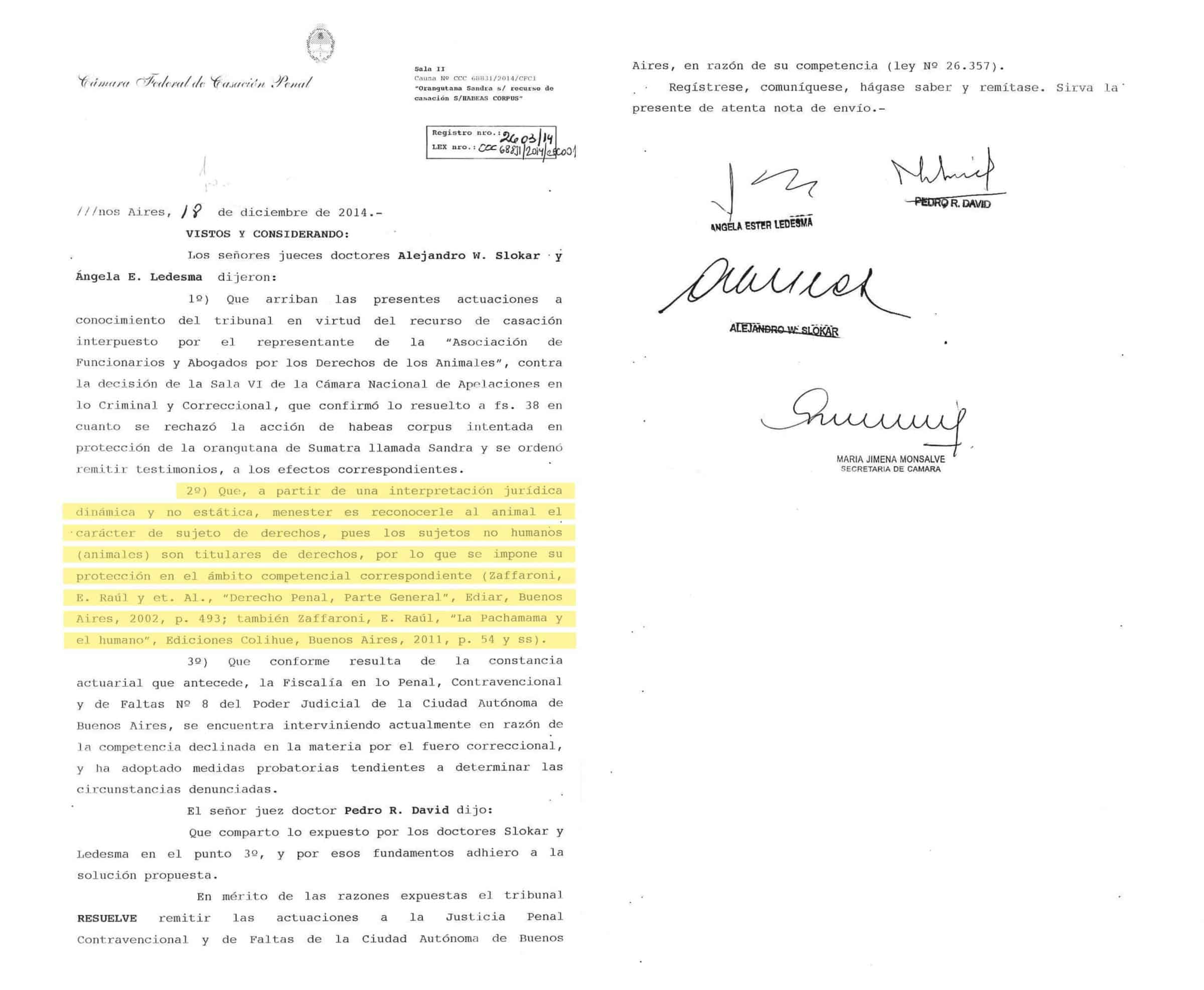 Sandra – court papers - Documents from the 2014-15 legal proceedings relating to Sandra the orang-utan. The highlighted passage references the writings of the legal scholar Eugenio Zaffaroni. (Forensic Architecture)
