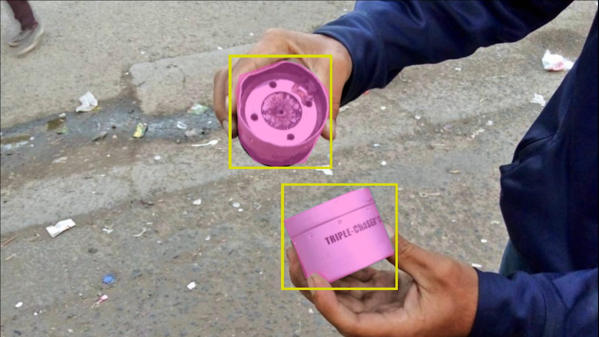 Bounding Box_1 - During the process of training a 'computer vision' classifier, bounding boxes and 'masks' tell the classifier where in the image the Triple-Chaser grenade exists. (Forensic Architecture/Praxis Films)