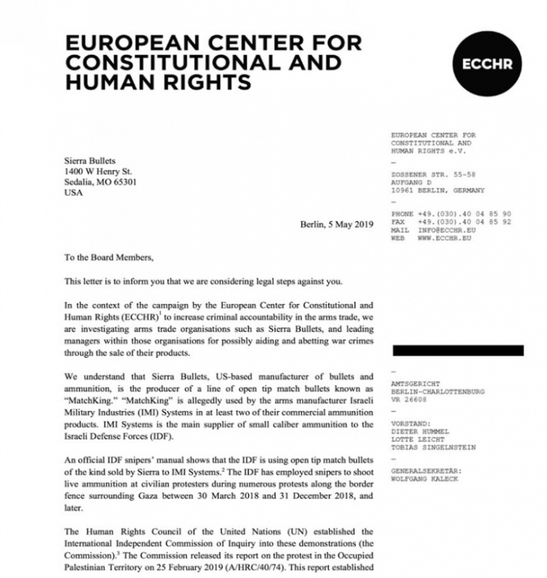 ECCHR - The first page of ECCHR’s letter to Sierra Bullets. (ECCHR)