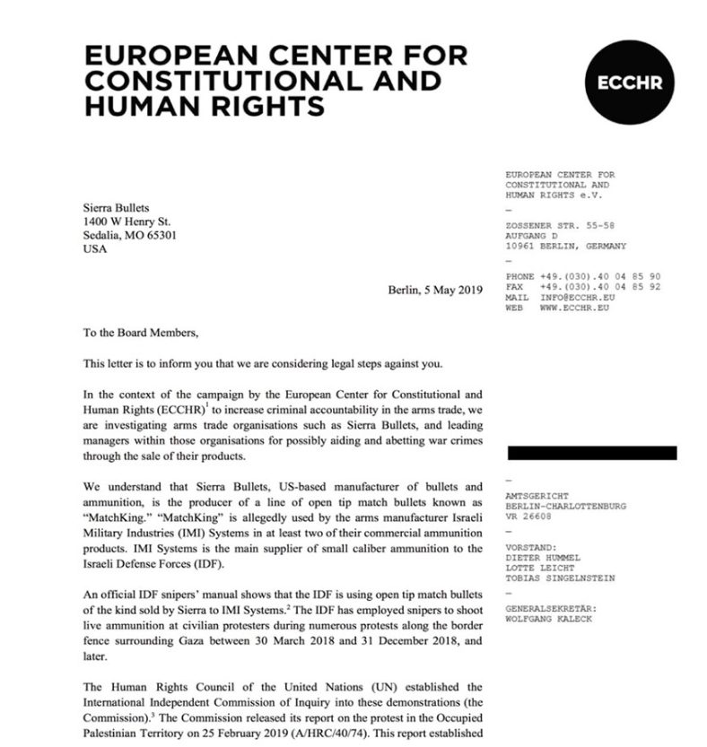 ECCHR - The first page of ECCHR’s letter to Sierra Bullets. (ECCHR)